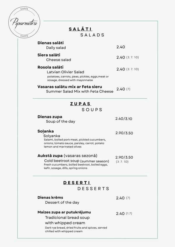 SALĀTI / ZUPAS / DESERTI